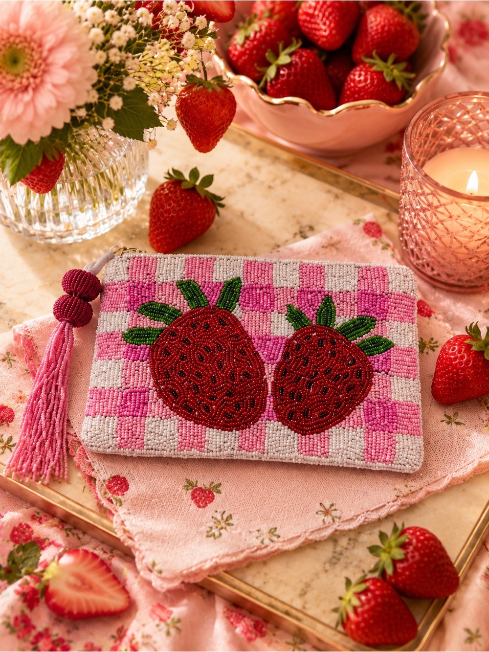 Beaded Strawberry Coin Purse | Handmade Pink Gingham Zipper Pouch